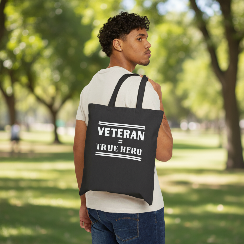 Veteran = True Hero | Cotton Canvas Tote Bag | Black