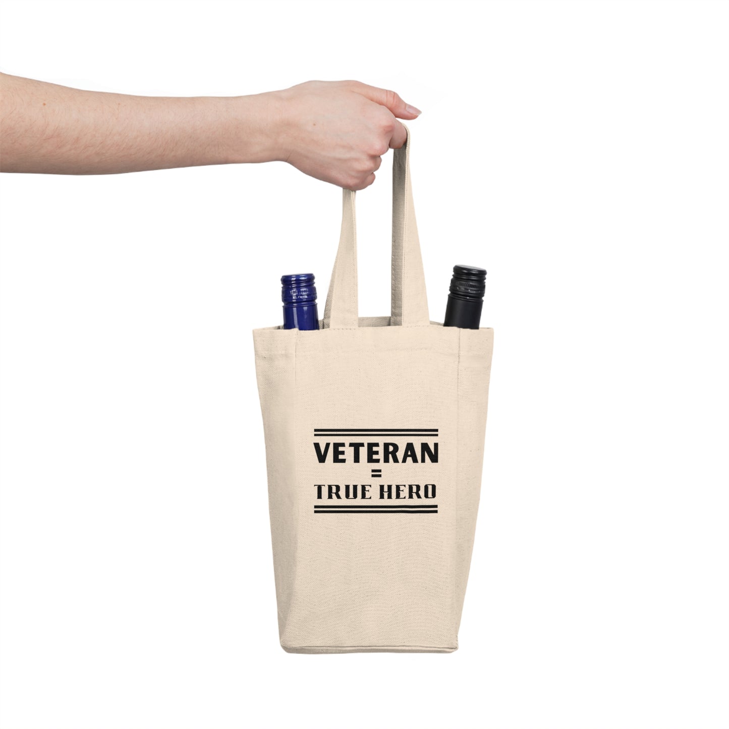 Veteran True Hero - Double Wine Tote Bag, Black Lettering