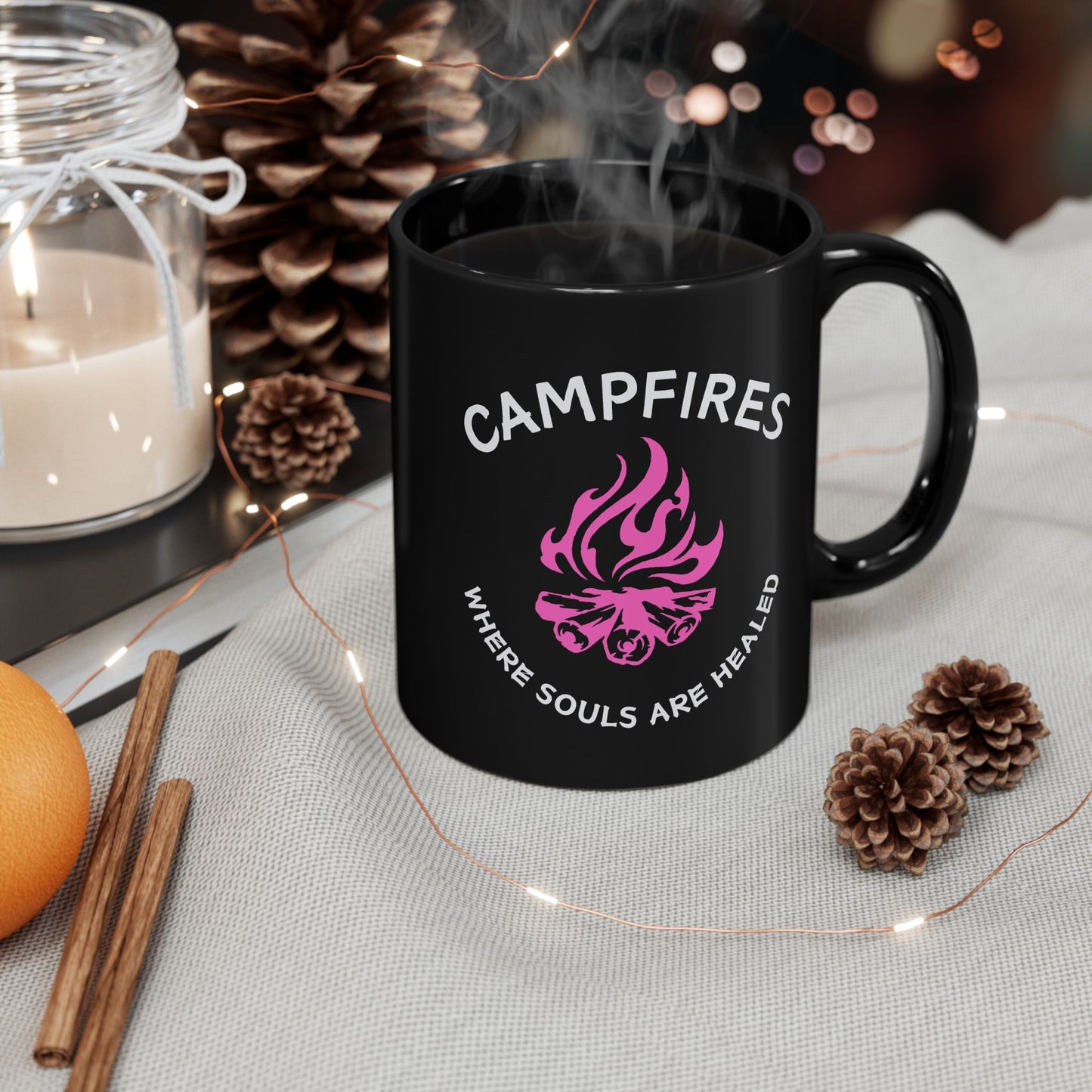 Campfire Soul Healing Black Mug | Pink | Ceramic Mug | 11 oz